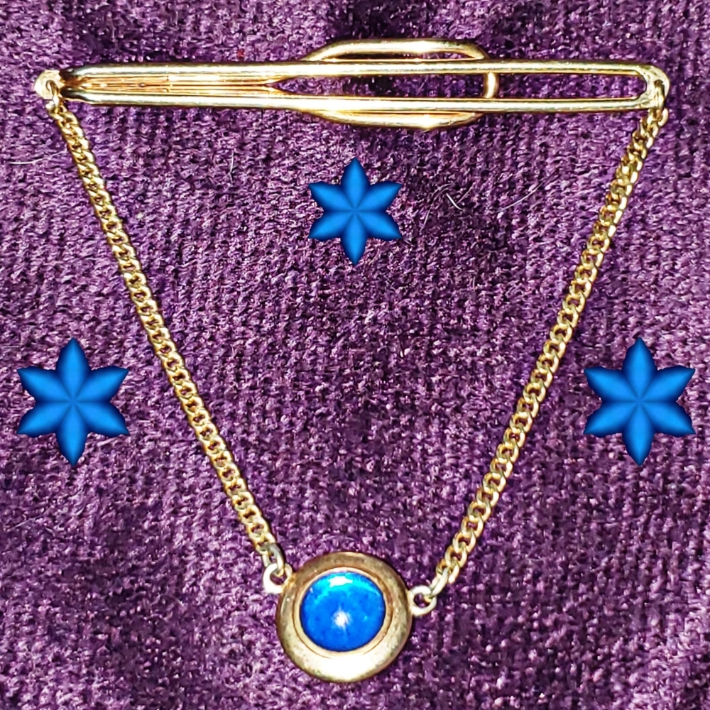 Vintage Swank tie clip Gold tone blue stone